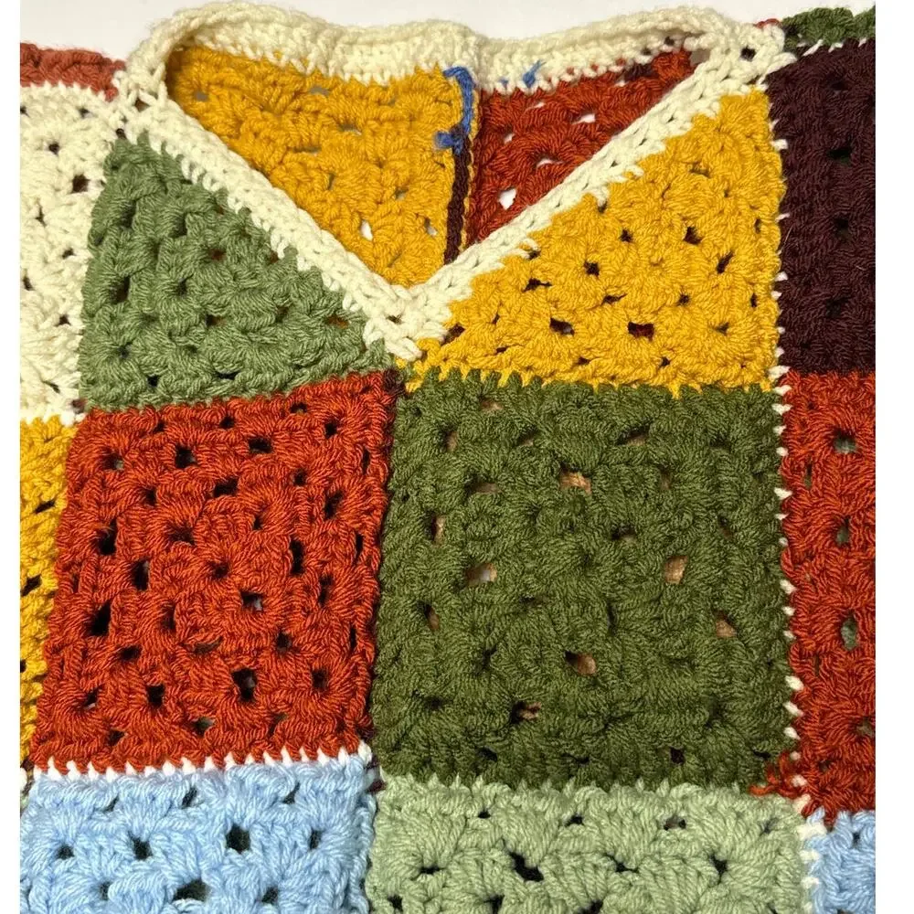 Vintage 1970s Style Handmade Crochet Granny Square Patchwork Vest Unisex XL